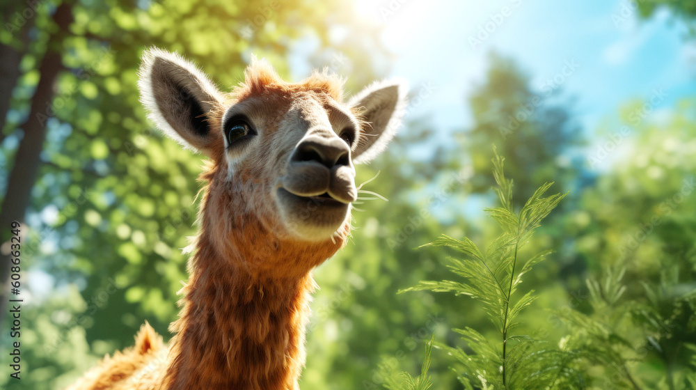 Obraz premium A content lama lounges by a verdant forest, woolly coat gleaming under the soft, blue glow of the summer sky. Serenity personified. Generative AI
