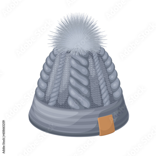 Beanie hat with fur pompom vector illustration. Cartoon isolated woolly cap with braid knitting, leather label and small fur ball on top, woolen ski fashion headgear, hat for winter and autumn weather