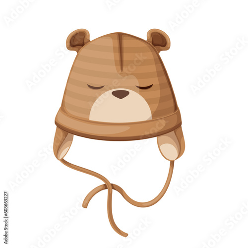 Winter kids hat vector illustration. Cartoon isolated earflap hat for baby boy and girl, beige toque with earmuffs and cute hat with furry teddy bear face on front, cozy fashion children headwear