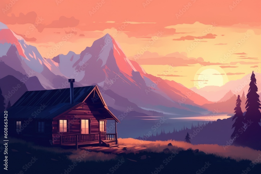 Wooden log cabin with lit windows in mountains at sunset, created using generative ai technology