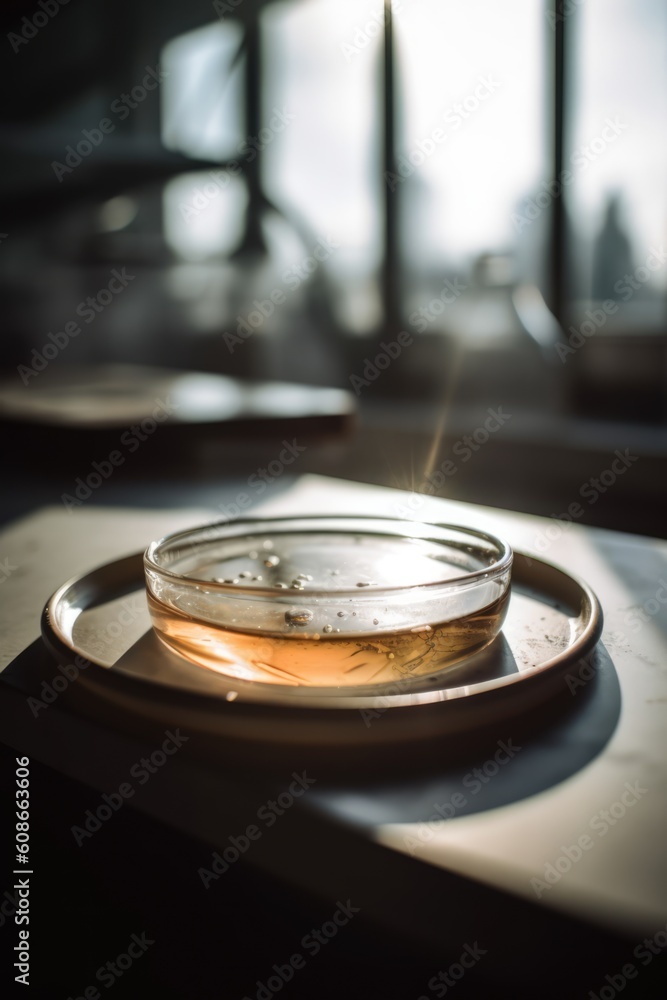 Petri plate with clear fluid on table in lab, created using generative ai technology Petri plate with clear fluid on table in lab, created using generative ai technology