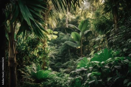 Green tropical forest with multiple thick leaves, created using generative ai technology