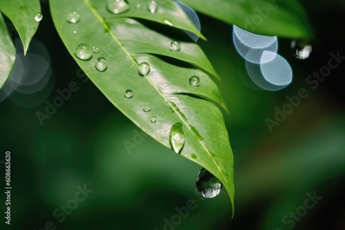Green leaf with water drops, created using generative ai technology