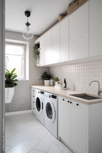 General view of modern utility room with white furniture, created using generative ai technology