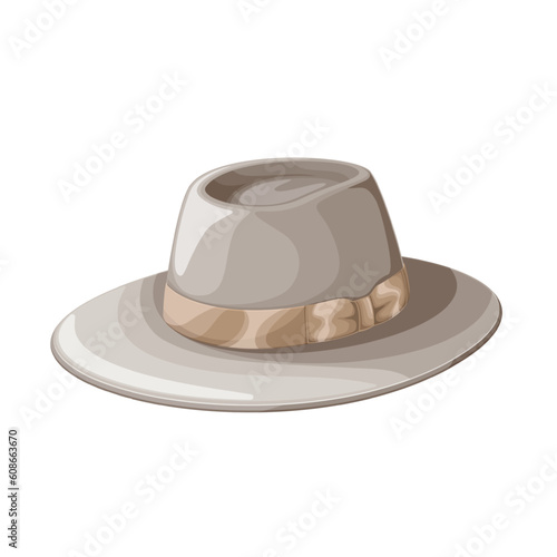 Fedora hat vector illustration. Cartoon isolated beige hat with soft brim, brown ribbon and top notch, retro elegant hipsters cap for head of man and woman, classic fashion headgear and accessory