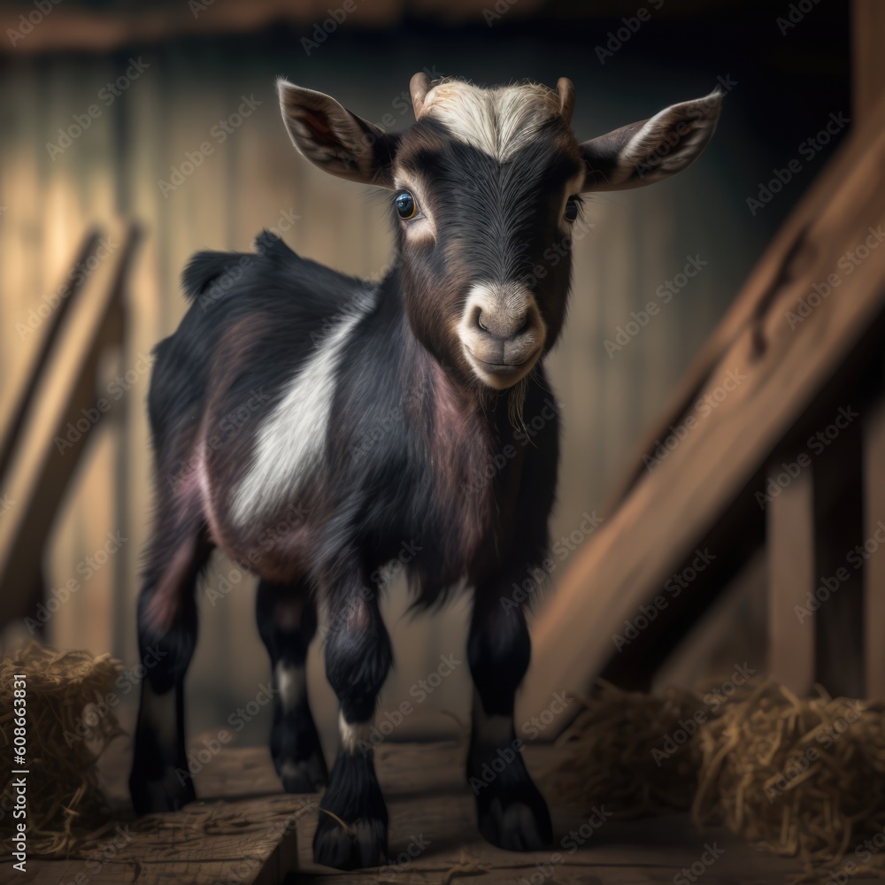 Close up of cute pygmy goat in field, created using generative ai technology
