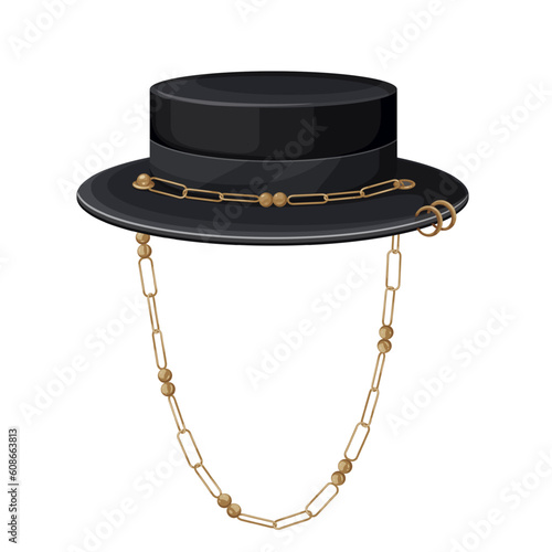 Boater hat vector illustration. Cartoon isolated black fashion cap with brim and golden chain decoration, fashionable accessory for head of lady, retro female elegant headdress and hipsters hat