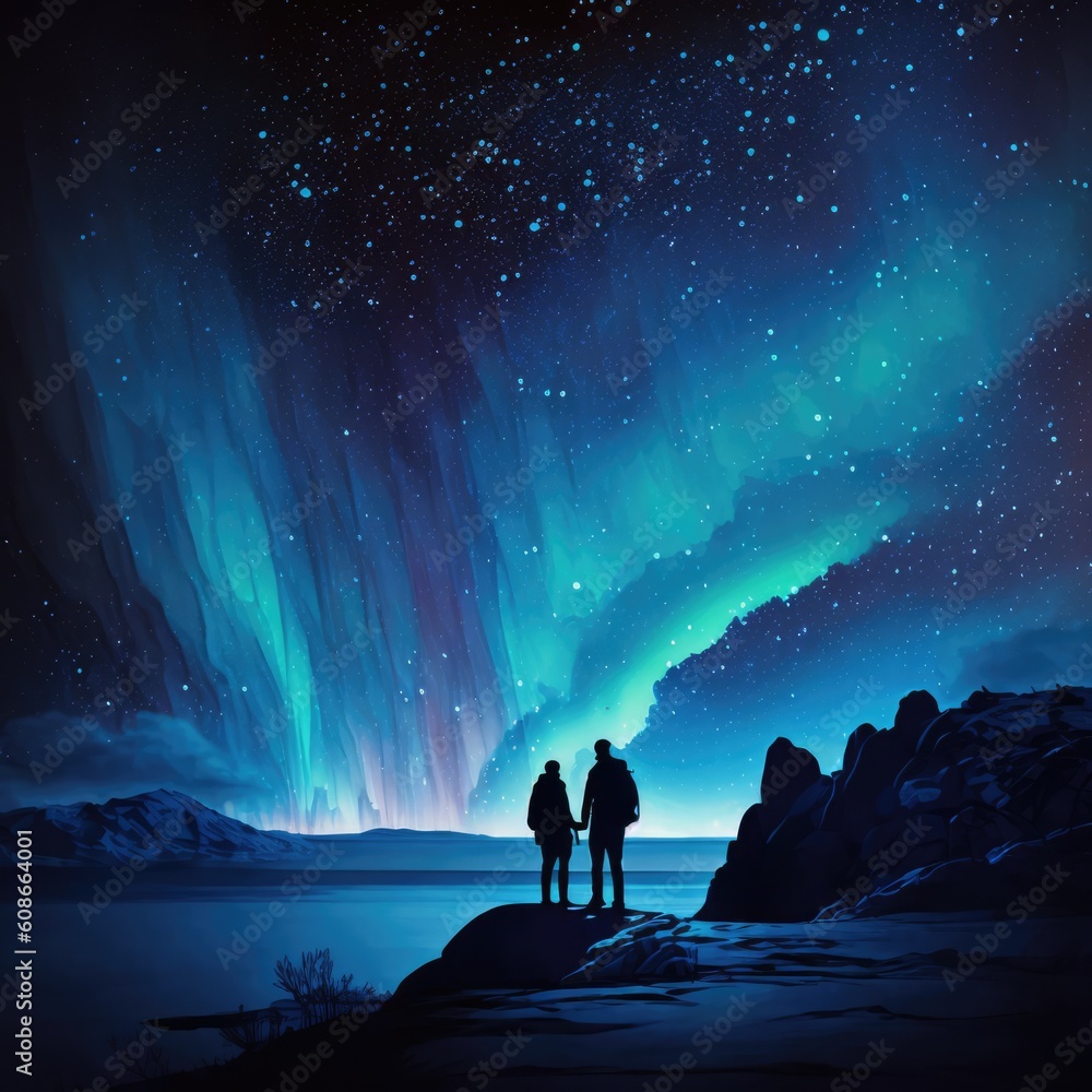 Couple in nature star gazing at night sky, created using generative ai technology