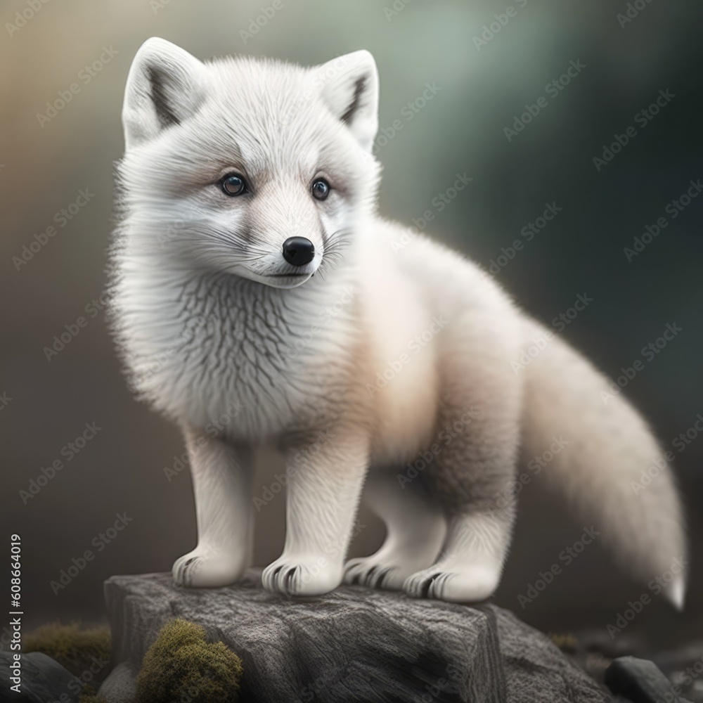 Close up of cute white fox on rock, created using generative ai technology