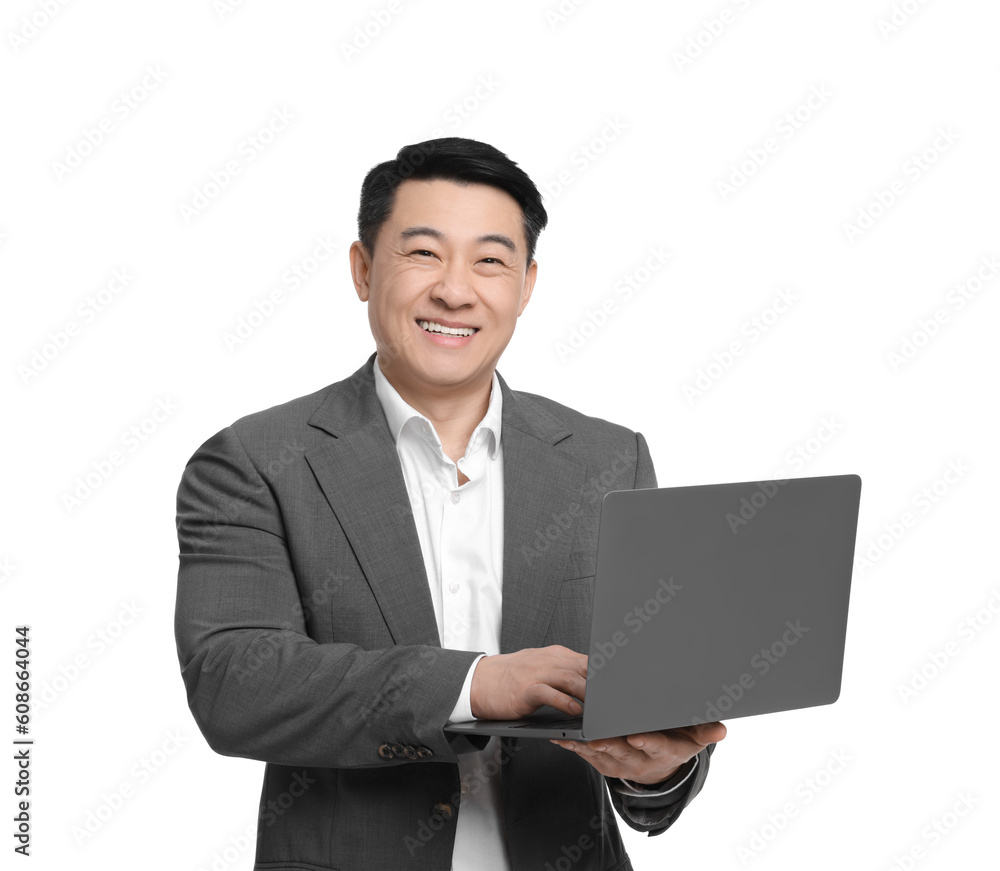 Businessman in suit working on laptop against white background Businessman in suit working on laptop against white background