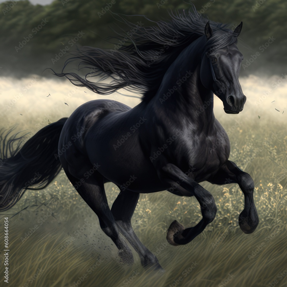 Close up of wild black horse running in field, created using generative ai technology Close up of wild black horse running in field, created using generative ai technology