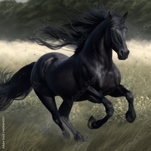 Close up of wild black horse running in field  created using generative ai technology