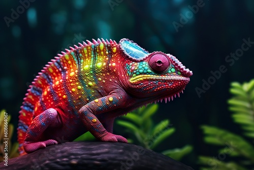 Colorful chameleon in the natural environment. Generative AI © lukjonis