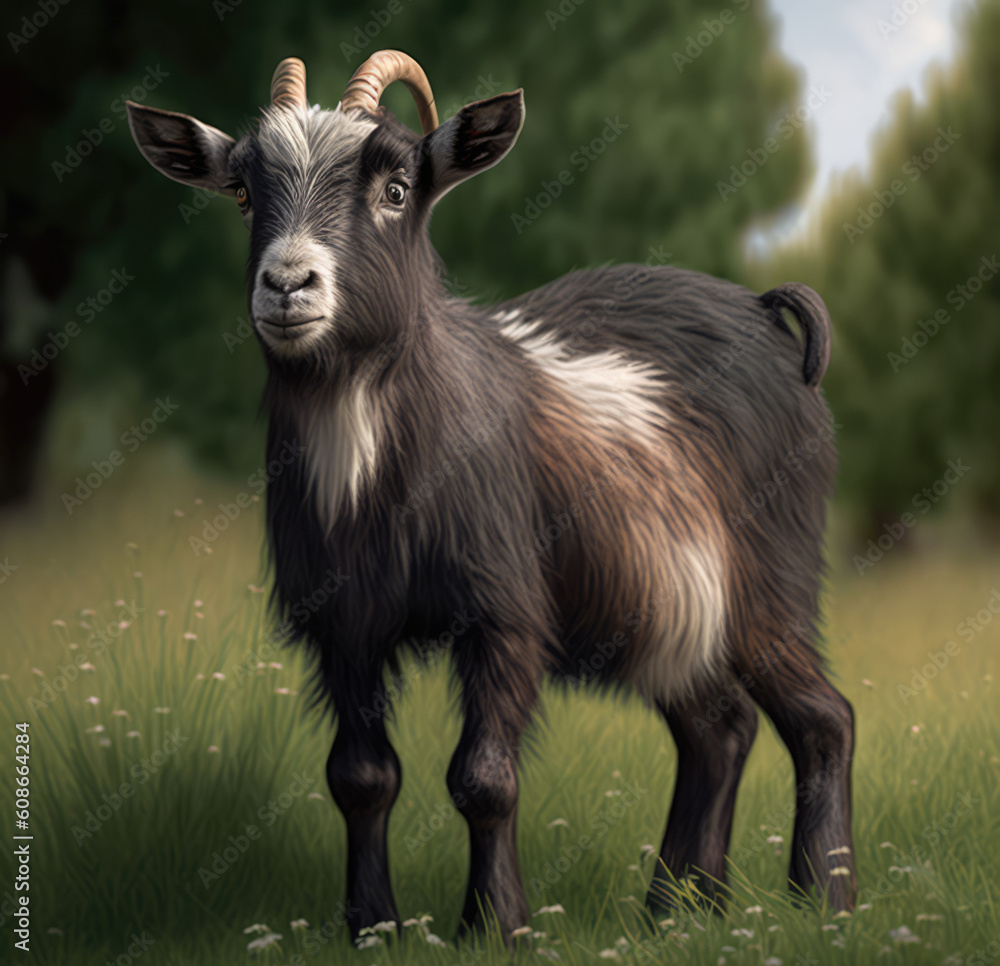 Close up of cute pygmy goat in field, created using generative ai technology