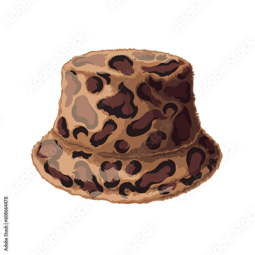 Bucket hat for cold weather vector illustration. Cartoon isolated fashion cap design with fur for winter or autumn, casual warm female furry hat, trendy accessory and clothing for head of stylish girl
