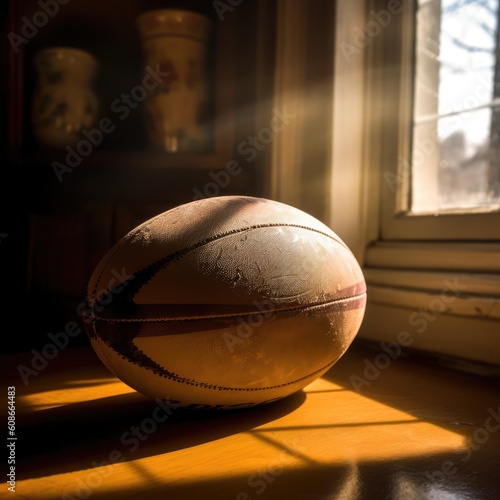 Close up of rugby ball on grass at sunset, created using generative ai technology