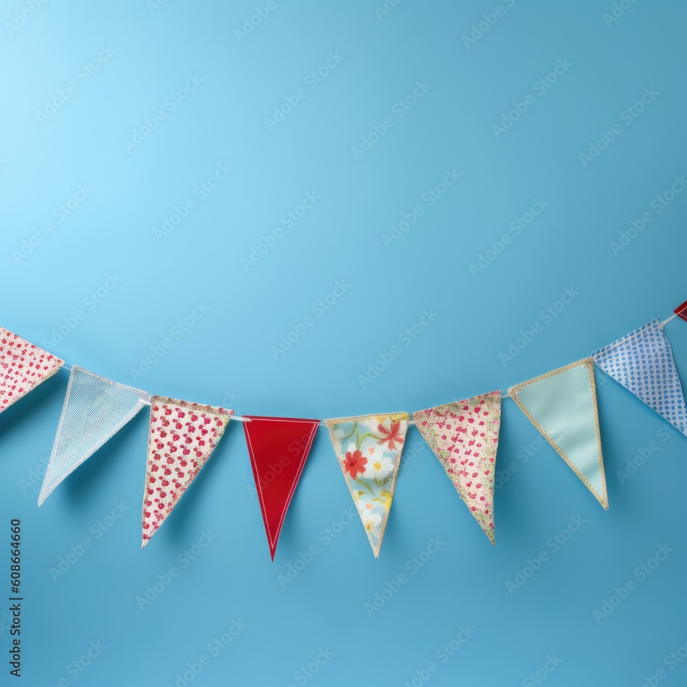 Fototapeta premium String of bunting on blue background, created using generative ai technology