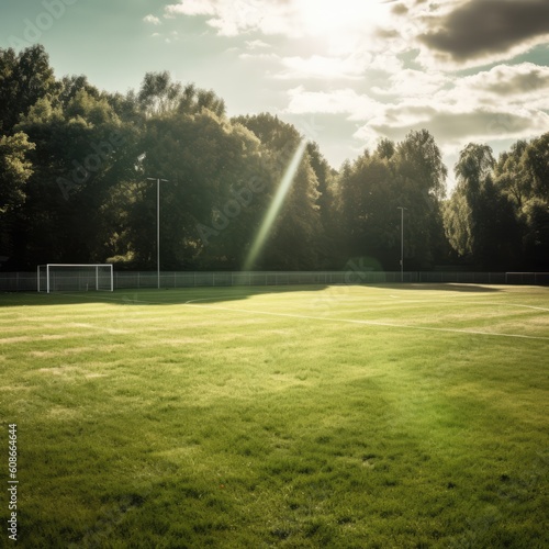 Football goal on football pitch at sunset, created using generative ai technology