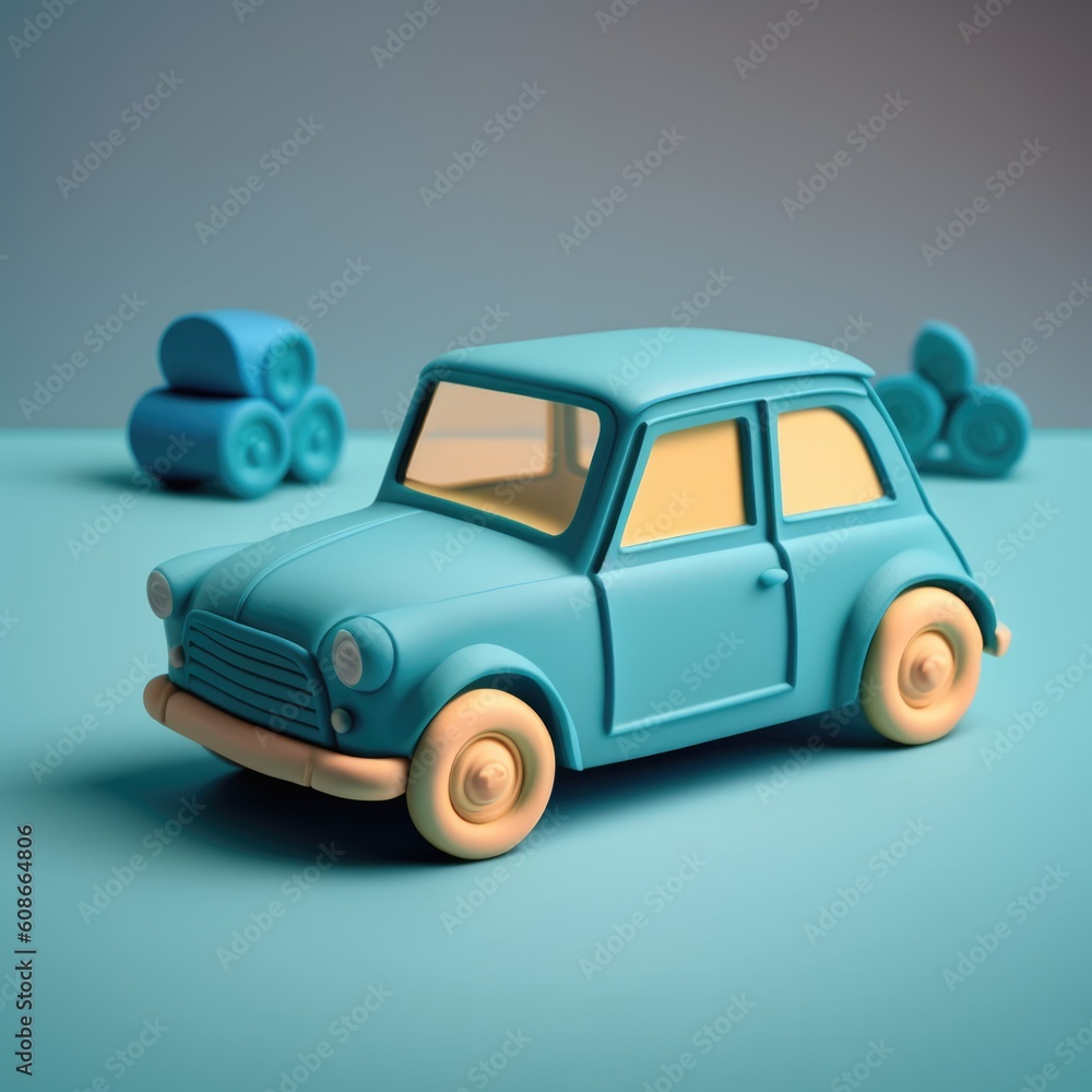 Close up of blue car toy on grey background, created using generative ai technology