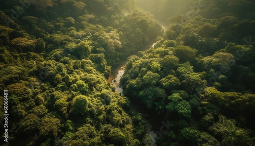 Flying drone captures wet tropical cliff, mountain peak, and sunset generated by AI