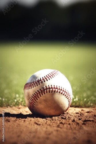 Close up of baseball on baseball field in black and white, created using generative ai technology