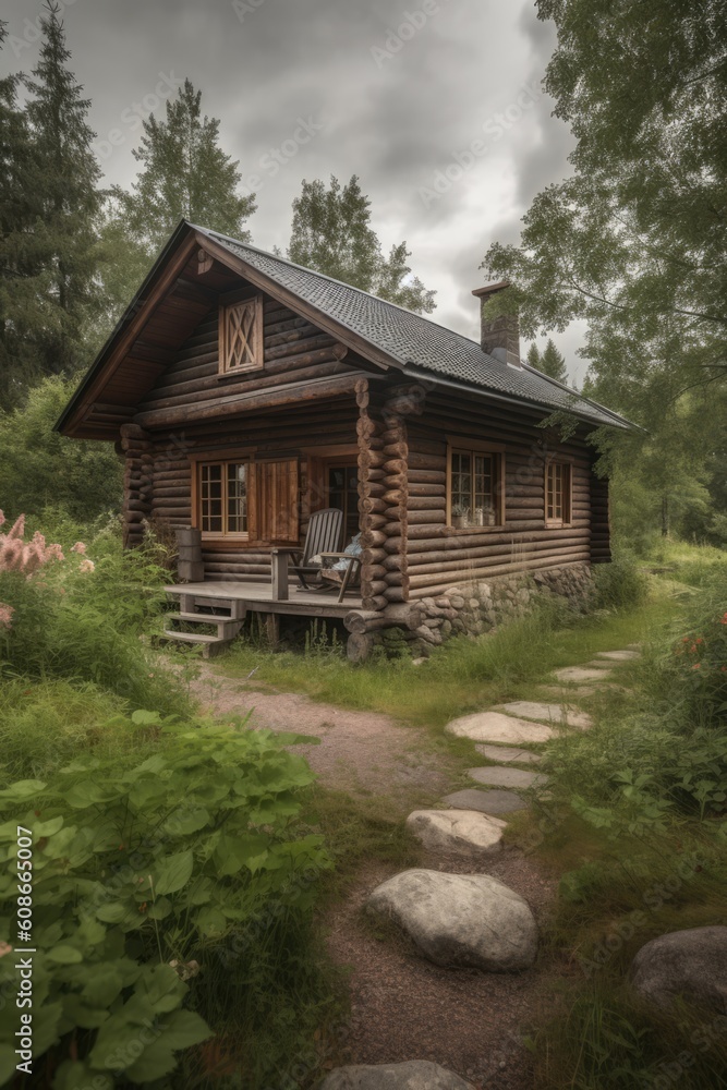 Log cabin with brown roof in nature surrounded by trees, created using generative ai technology Log cabin with brown roof in nature surrounded by trees, created using generative ai technology