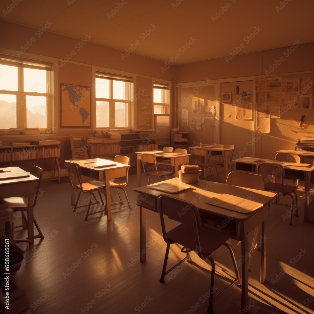 Interiors of classroom with windows, created using generative ai technology