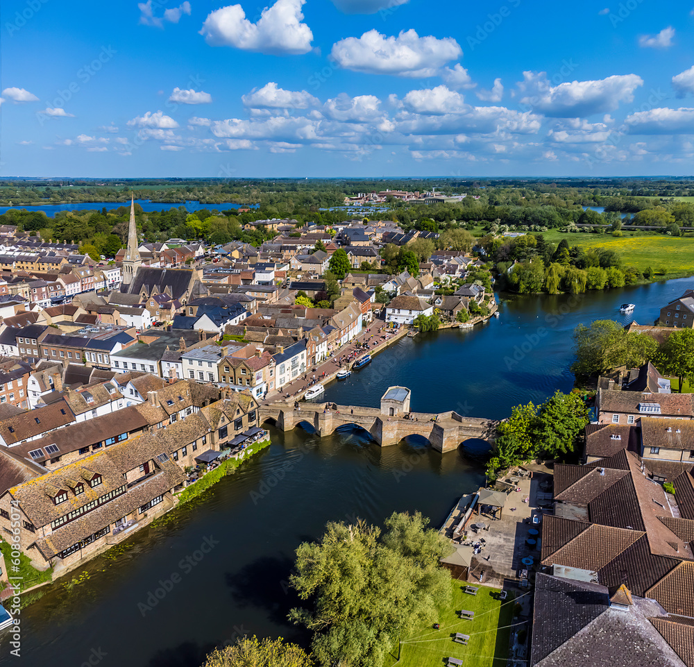 An aerial view towards the River Great Ouse and town of St Ives, Cambridgeshire in summertime