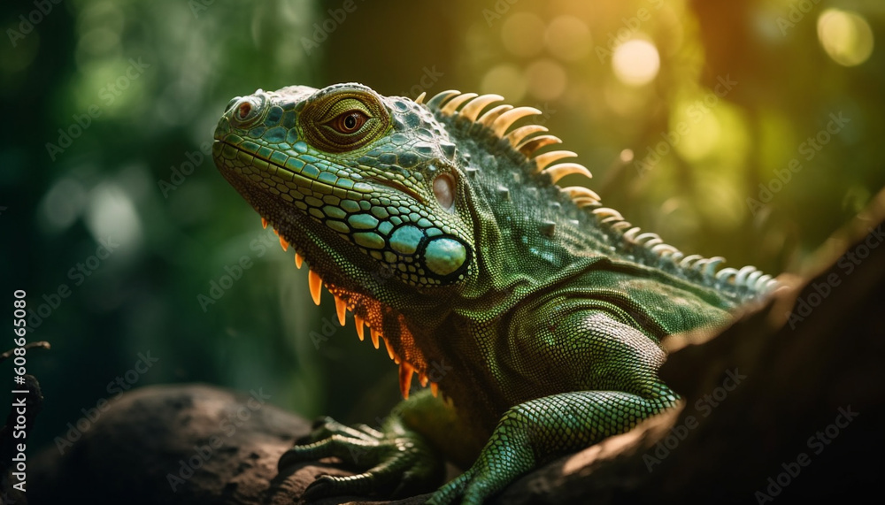 Spooky horned lizard crawls on branch in tropical rainforest generated by AI Spooky horned lizard crawls on branch in tropical rainforest generated by AI