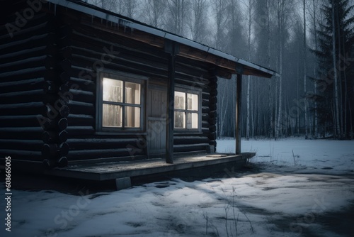 Log cabin with light and green roof in snow in nature, created using generative ai technology