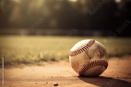 Close up of baseball on baseball field, created using generative ai technology