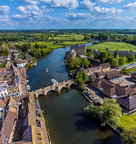 An aerial view above the River Great Ouse and town of St Ives, Cambridgeshire in summertime