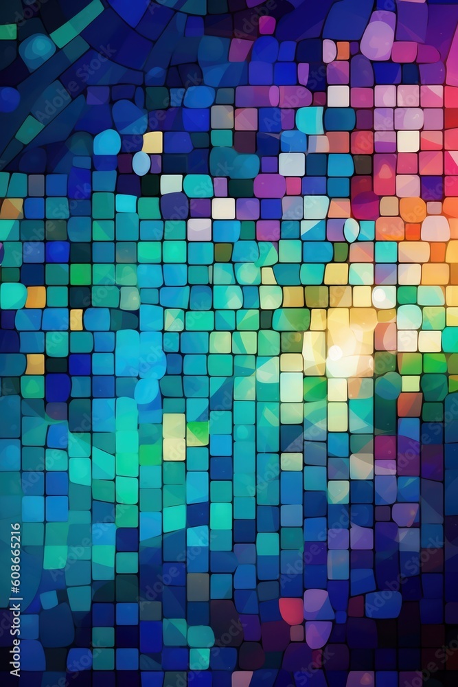 Close up of multi coloured mosaic background, created using generative ai technology