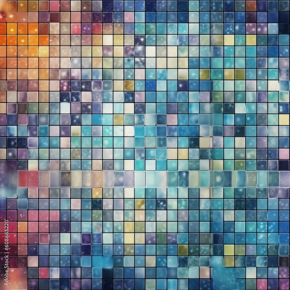 Close up of multi coloured mosaic tiles background, created using generative ai technology