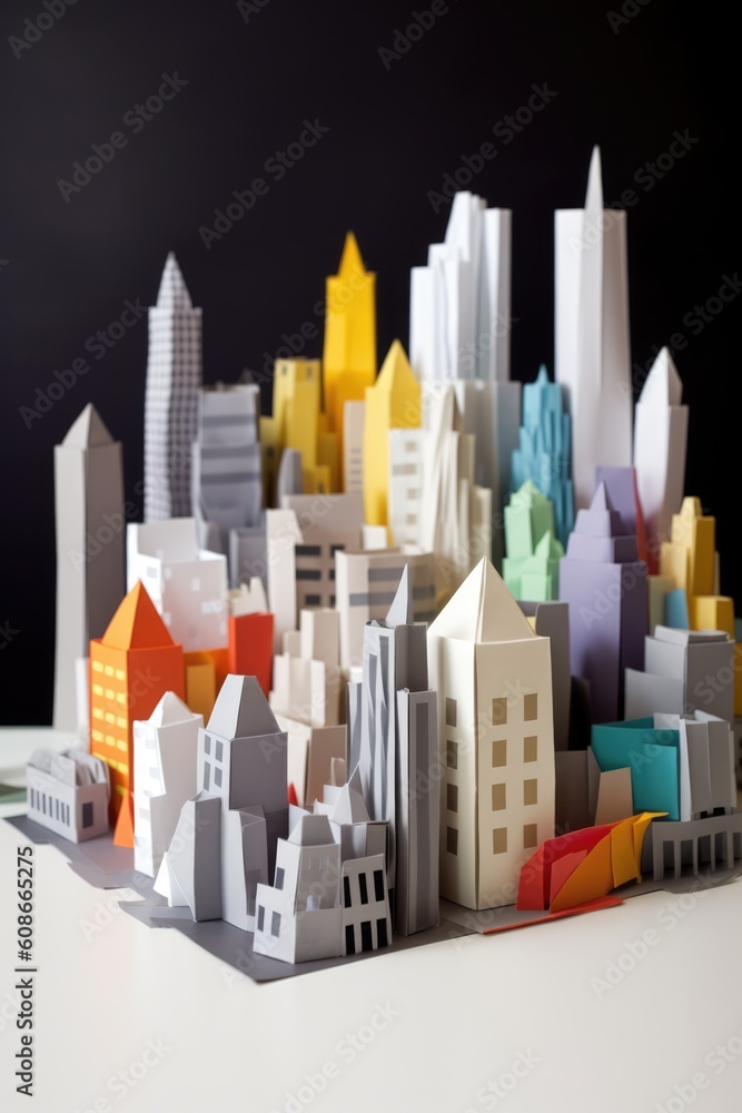 Origami cityscape on yellow background, created using generative ai technology