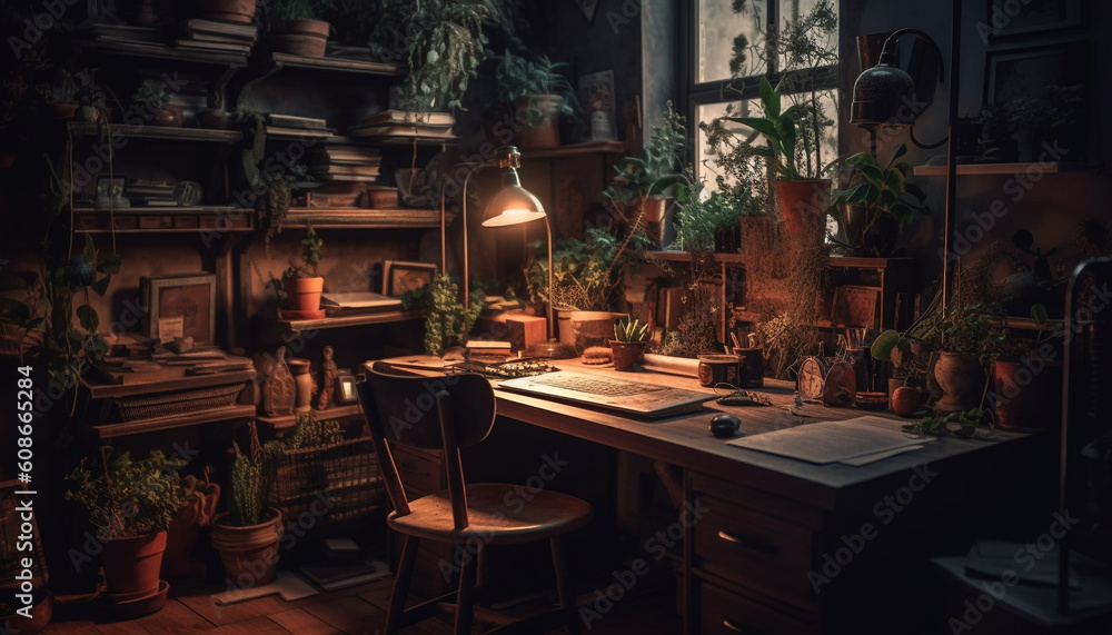 A rustic workshop with pottery and flower still life decoration generated by AI