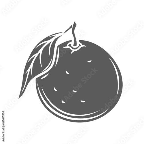 One mandarin glyph icon vector illustration. Stamp of unpeeled single tangerine with leaf on stem, ripe citrus fruit with peel, whole mandarin, clementine or orange from tropical agriculture garden