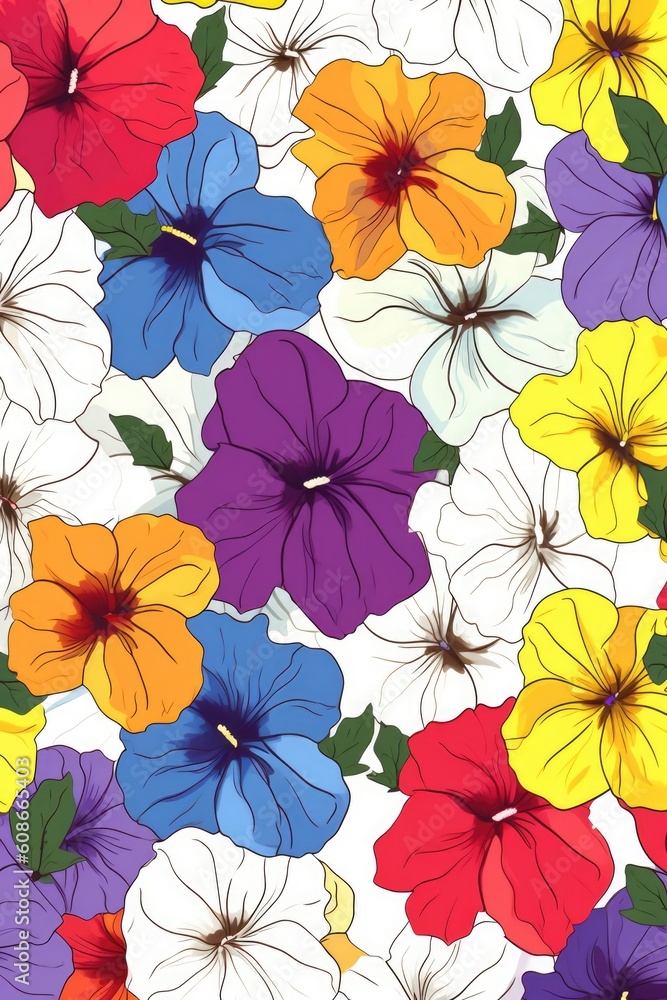 Multi coloured flowers on blue background, created using generative ai technology