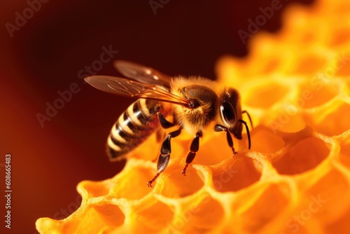 Close up of bee on honeycomb on black background created using generative ai technology © Future Vision