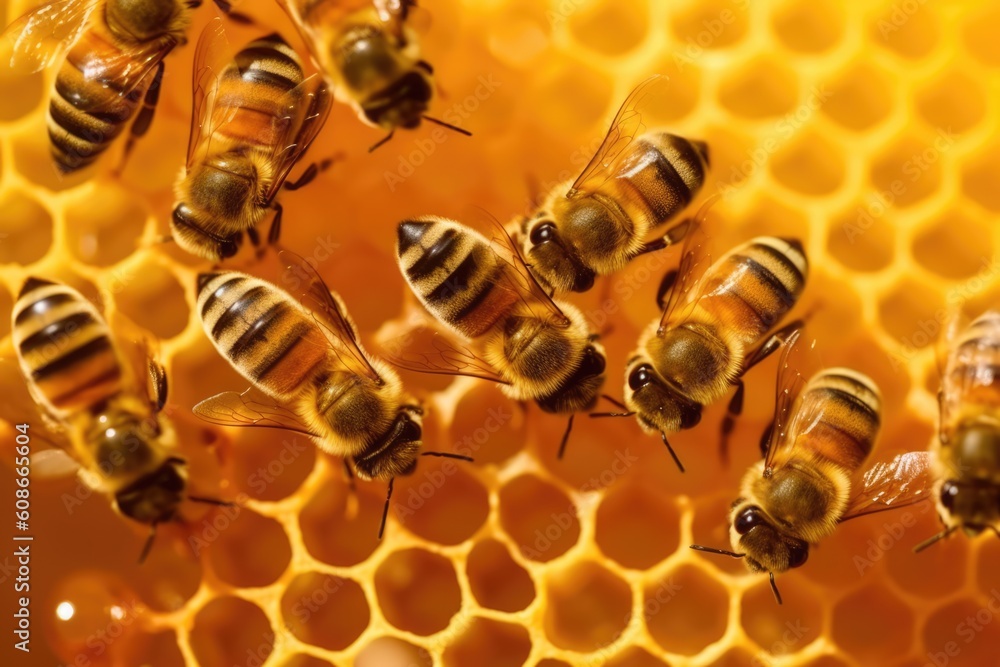 Close up of bee on honeycomb on black background created using generative ai technology Close up of bee on honeycomb on black background created using generative ai technology
