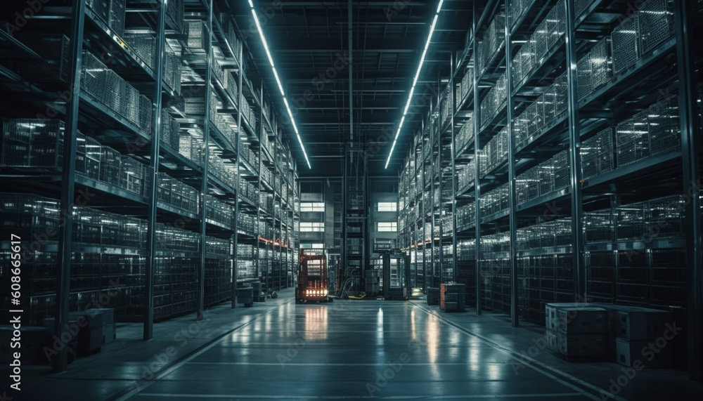 Inside a futuristic warehouse, equipment in a row, illuminated brightly generated by AI