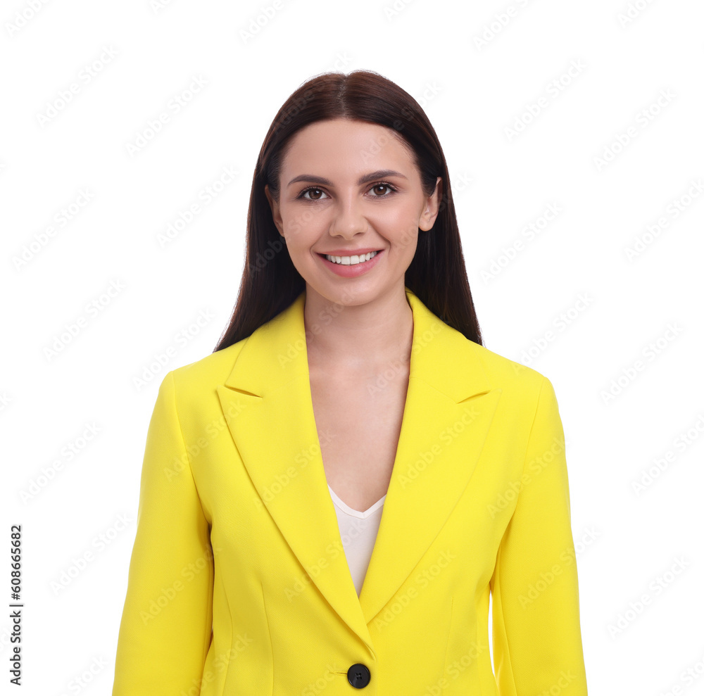 Beautiful happy businesswoman in yellow suit on white background Beautiful happy businesswoman in yellow suit on white background