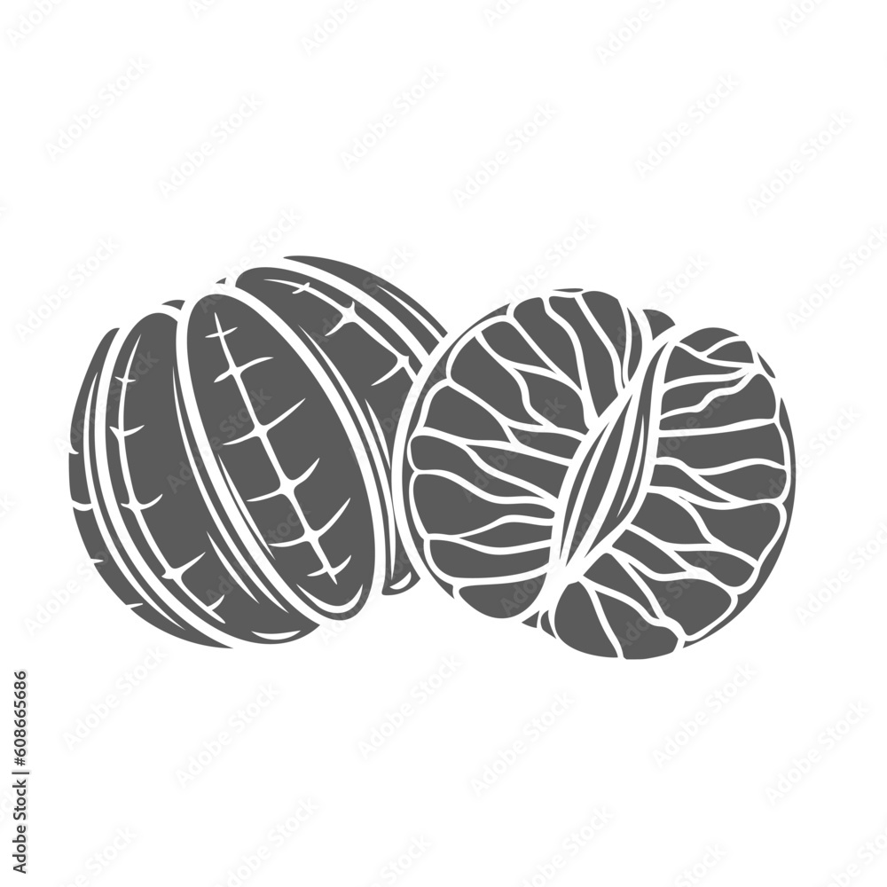 Peeled whole and half mandarin glyph icon vector illustration. Stamp of fresh tangerine, clementine or tangelo halves without peel to eat and cook summer desserts, sweet jam or mandarin juice Peeled whole and half mandarin glyph icon vector illustration. Stamp of fresh tangerine, clementine or tangelo halves without peel to eat and cook summer desserts, sweet jam or mandarin juice