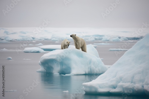 Two polarbears standing on iceberg at sea created using generative ai technology photo