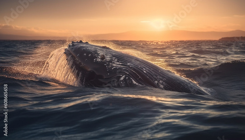 Majestic humpback whale splashing in tranquil seascape at sunset generated by AI © djvstock