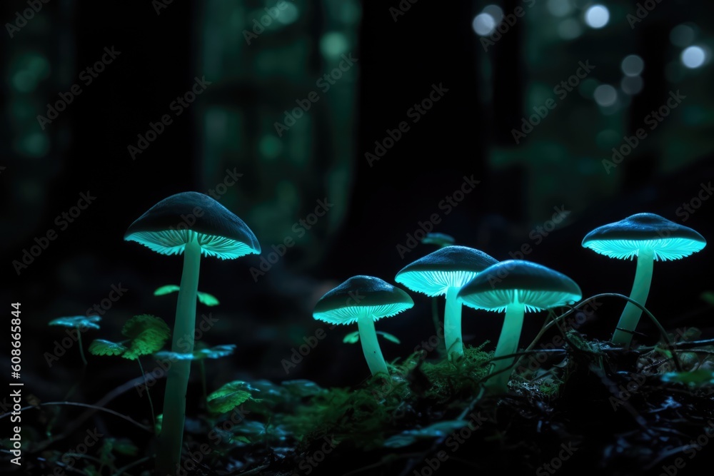 Fototapeta premium Close up of glowing mushrooms in forest created using generative ai technology