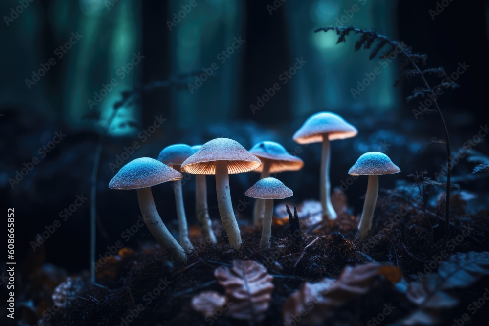 Fototapeta premium Close up of glowing mushrooms in forest created using generative ai technology