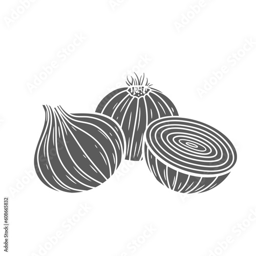 Cut onion bulbs glyph icon vector illustration. Silhouette of whole onion heads with roots and skin, fresh vegetable cut into half, organic ripe shallot for seasoning, cooking vegetarian veggie dish
