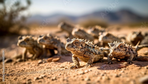 Endangered iguana crawls on sand  horned lizard looks alert generated by AI