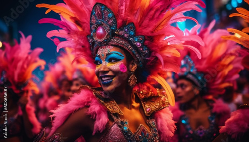 Smiling women in multi colored costumes dance samba at night parade generated by AI